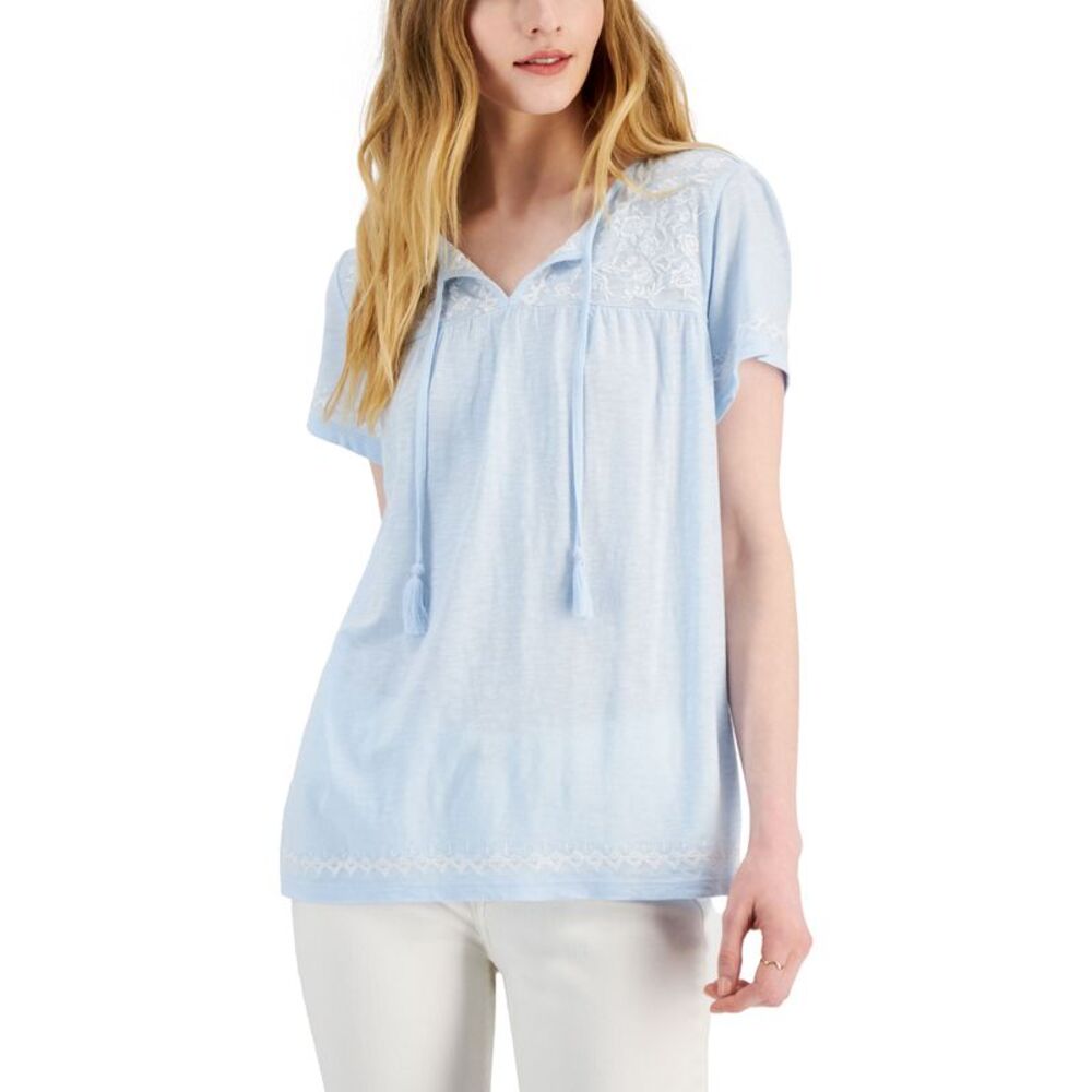 Style & Co Womens Embroidered Split Neckline Top